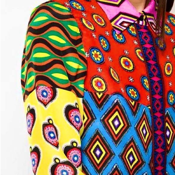 ALICE OLIVIA Silk Colorblock Patchwork Print Long Sleeve Embroidered Trim Top XS - Picture 11 of 12